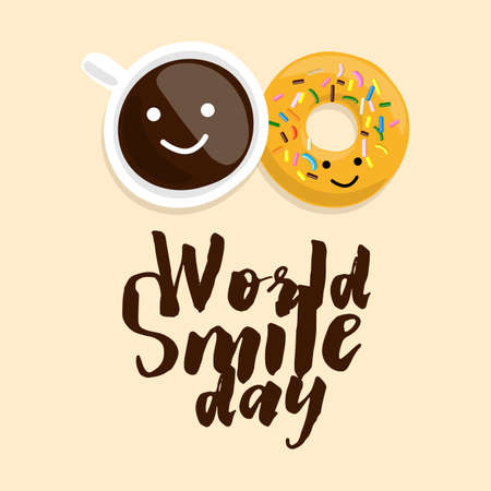 Illustration a cup coffee with donut on light background with text World smile dayのイラスト素材