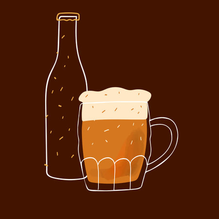 Stylized illustration mug of beer and bottle isolated on dark brown background