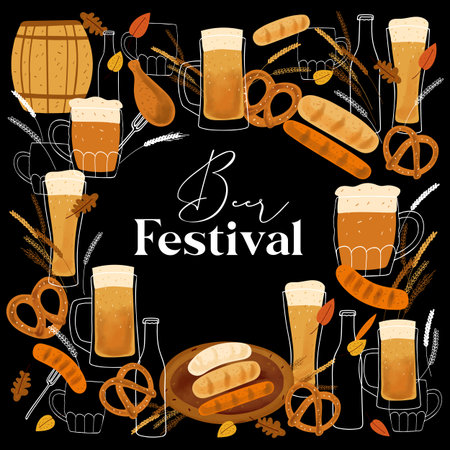 Beer festival card design with stylized illustration mugs of beer, pretzel snack and grilled sausage on black backgroundの写真素材