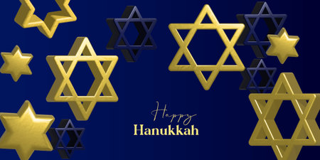 Happy Hanukkah card design with gold symbols on blue color background for Hanukkah Jewish holiday