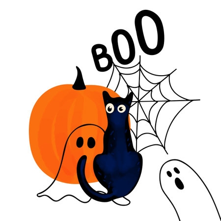 Illustration of a black cat, orange pumpkin and ghosts on a white backgroundのイラスト素材