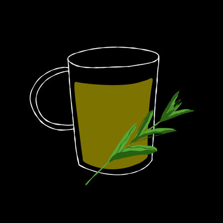 Abstract glass cup illustration with herbal stevia tea on a black backgroundの写真素材