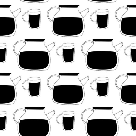 Seamless pattern with black teapots and cups illustration on white backgroundのイラスト素材