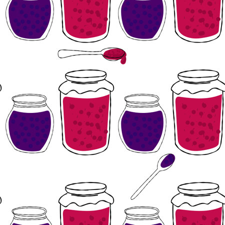 Seamless pattern with jars of jam illustration on white backgroundのイラスト素材
