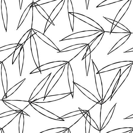 Seamless pattern with black line leaves illustration on white backgroundのイラスト素材