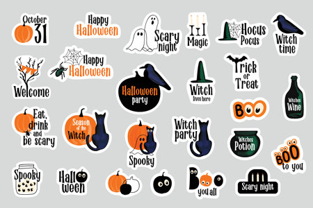 Halloween stickers set illustrration with black cat, pumpkins, ghosts, cobwebのイラスト素材