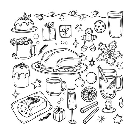 Traditional Christmas food and drink illustration in doodle styleのイラスト素材