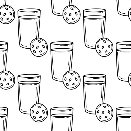 Seamless pattern with glass of milk and biscuits illustration in doodle styleのイラスト素材