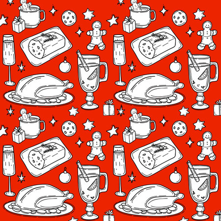 Seamless pattern with Traditional Christmas food and drink illustration in doodle styleのイラスト素材