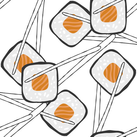 Seamless pattern with Sushi roll maki illustration on white backgroundのイラスト素材