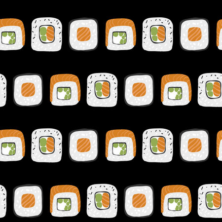 Seamless pattern with Sushi roll set illustration on black backgroundのイラスト素材