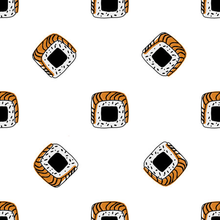 Seamless pattern with Sushi roll illustration in doodle style on white backgroundのイラスト素材