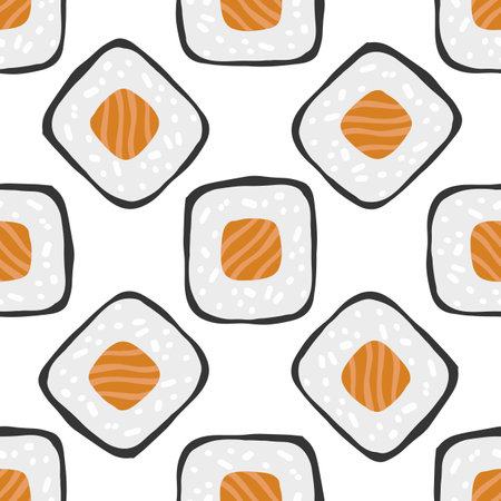 Seamless pattern with Sushi roll maki illustration on white backgroundのイラスト素材