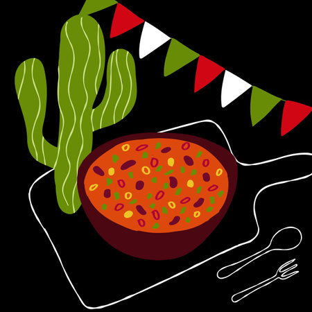 Mexican food illustration Chili Con Carne on black background with cactusのイラスト素材