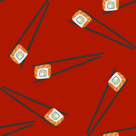 Seamless pattern with illustration of sushi roll with chopsticks on red backgroundのイラスト素材