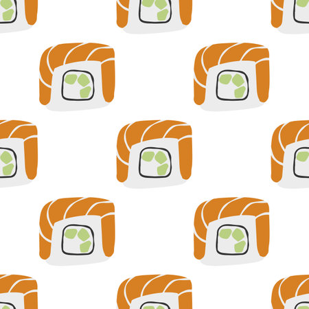 Seamless pattern with Sushi philadelphia roll illustration on white backgroundのイラスト素材