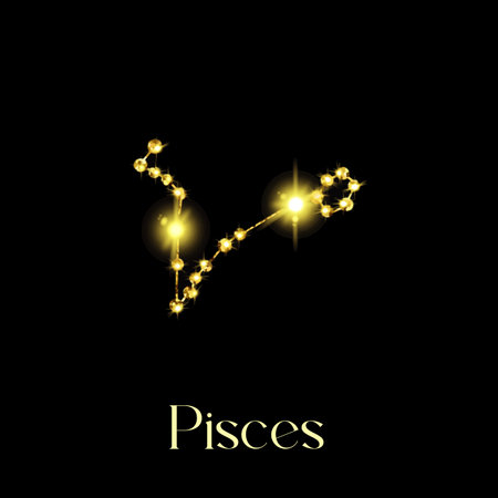Horoscope Pisces Constellations of the zodiac sign from a golden texture on a black backgroundのイラスト素材
