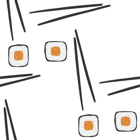Seamless pattern with illustration of sushi roll with chopsticks on white backgroundのイラスト素材