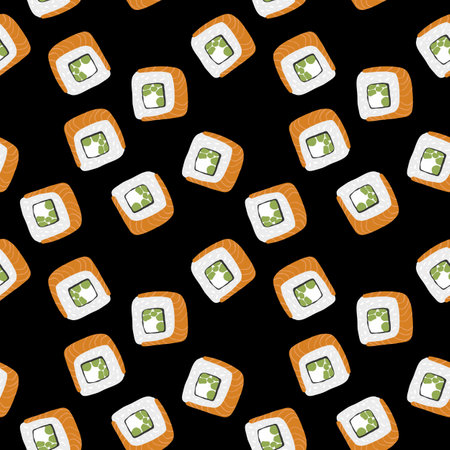 Seamless pattern with Sushi roll illustration on black backgroundのイラスト素材