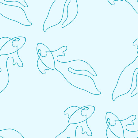 Seamless pattern with fish illustration in line art style on light blue backgroundのイラスト素材