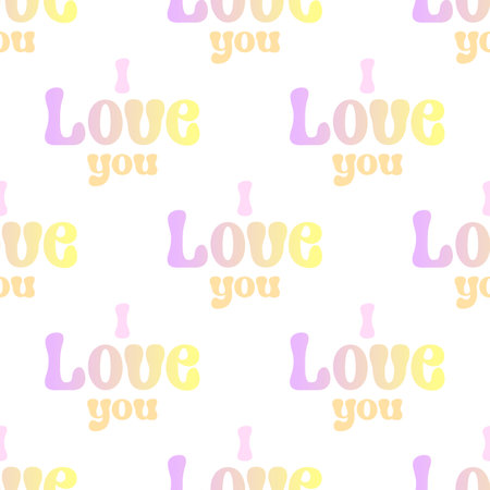 Seamless pattern with I love you text pink yellow color in Groovy style on white backgroundのイラスト素材