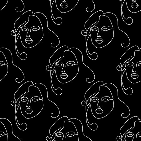 Seamless pattern with illustration woman face in a line art style on a black backgroundのイラスト素材