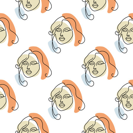 Seamless pattern with illustration woman face in a line art style on a white backgroundのイラスト素材