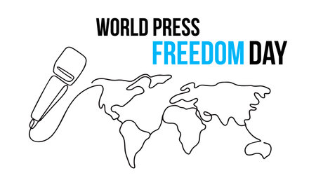 Illustration of microphone and world map for World Press Freedom Day in line art style on whiteのイラスト素材