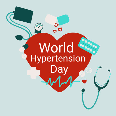 World Hypertension day illustration illustration with heart symbol with heart beat and pillsのイラスト素材