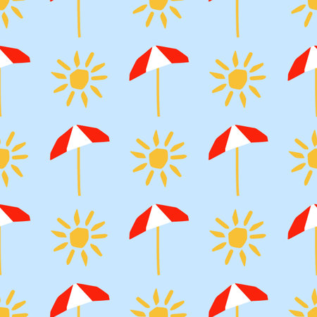 Seamless pattern with sun and umbrella illustration in cutting style on blue