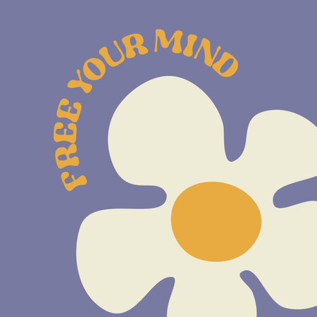 Motivation card design with text Free your mind and flower in Groovy style on bllue color backgroundのイラスト素材