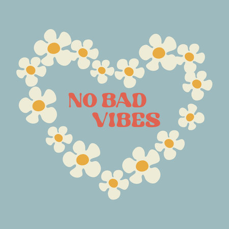 Motivation card design with text No bad vibes and flowers in Groovy style on bllue color backgroundのイラスト素材