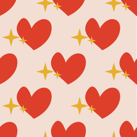 Seamless pattern with red hearts on pink background with stars in groovy styleのイラスト素材