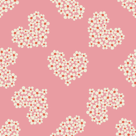 Seamless pattern with heart shape with flowers of daisy flowers in Groovy style on a pink backgroundのイラスト素材