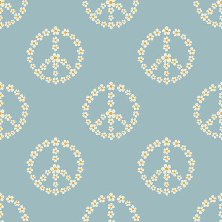 Seamless pattern with a peace symbol made of chamomile flowers in Groovy style on bllue color backgroundのイラスト素材