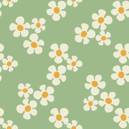 Seamless pattern with daisy flowers in Groovy style on a green backgroundのイラスト素材