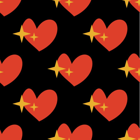 Seamless pattern with red hearts on black background with stars in groovy styleのイラスト素材