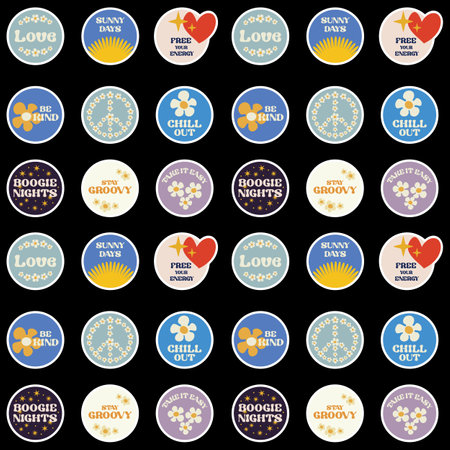 Seamless pattern with circle illustration positive stickers in groovy style on black backgroundのイラスト素材