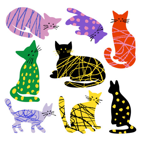 Set with multicolored textured cats silhouette illustration isolated on white color backgroundのイラスト素材