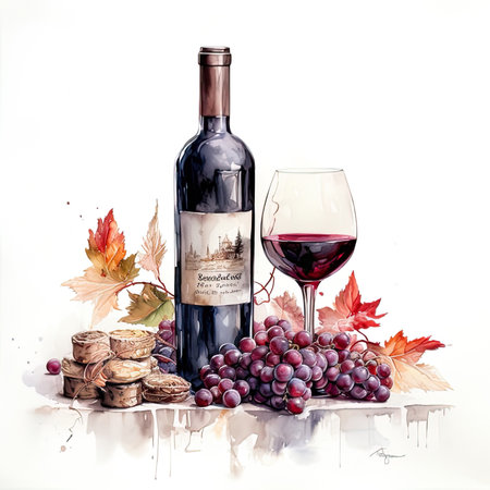 Glass of red wine and bottle watercolor illustration on white background.の素材