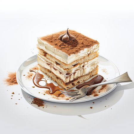 Dessert Tiramisu on a plate watercolor illustrationの素材