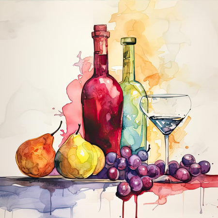 Bright colorful watercolor illustration of a glass of wine and a bottles on a white background with grapes and pearsの素材