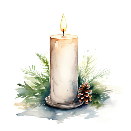 Christmas decor composition with white candle and fir branch watercolor illustration isolated on white backgroundの素材