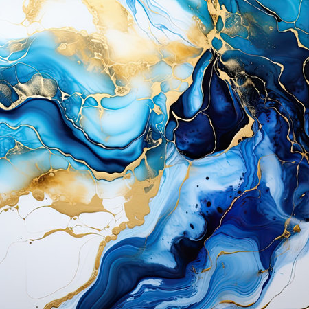 Abstract background ink fluid marble effect blue color with gold texture.の素材