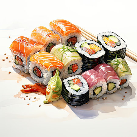Sushi rolls watercolor illustration of traditional japanese foodの素材