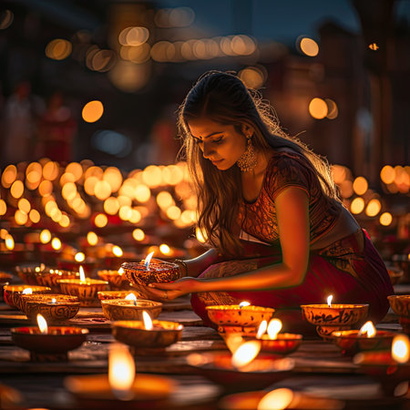 Illustration of Indian holiday Diwali with beautiful woman and candles.の素材