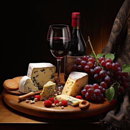 Wine and cheese snack plate with grapes.の素材
