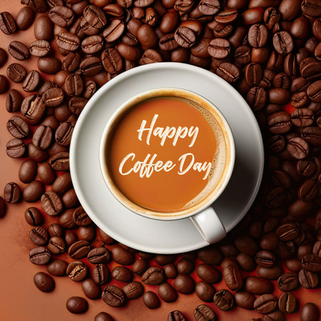 International coffee day background with coffee cup and grains.の素材