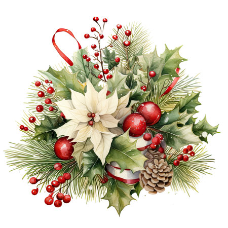 Christmas decor composition with puasentia flower and fir branch watercolor illustration on white background.の素材