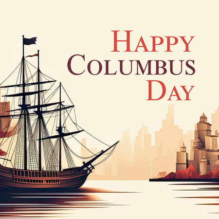 Happy Columbus Day background with ship illustration.の素材